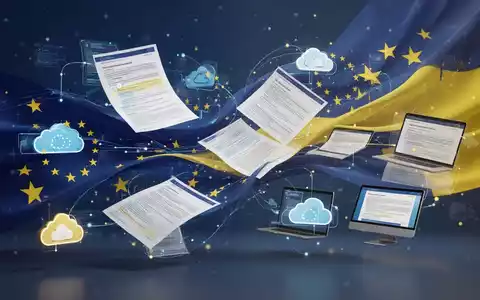 Abstract visualization of digital documents connecting, with subtle European Union flag colors, symbolizing European cloud software development and digital sovereignty. - Foto: über boerse-global.de