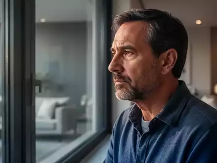 Ein nachdenklicher Vater blickt aus einem Fenster, weiches Licht fällt auf sein Gesicht in einem ruhigen Zuhause. - Foto: über boerse-global.de