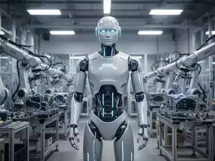 A sleek, futuristic humanoid robot named 'Iron' with glowing blue accents stands in a high-tech factory setting. - Foto: über boerse-global.de