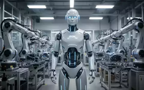 A sleek, futuristic humanoid robot named 'Iron' with glowing blue accents stands in a high-tech factory setting. - Foto: über boerse-global.de