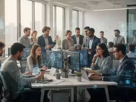 Eine Gruppe moderner Fachleute arbeitet in einem hellen Büro, mit digitalen Schnittstellen und KI-Tools, die Ausgewogenheit und Flexibilität vermitteln. - Foto: über boerse-global.de