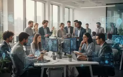 Eine Gruppe moderner Fachleute arbeitet in einem hellen Büro, mit digitalen Schnittstellen und KI-Tools, die Ausgewogenheit und Flexibilität vermitteln. - Foto: über boerse-global.de