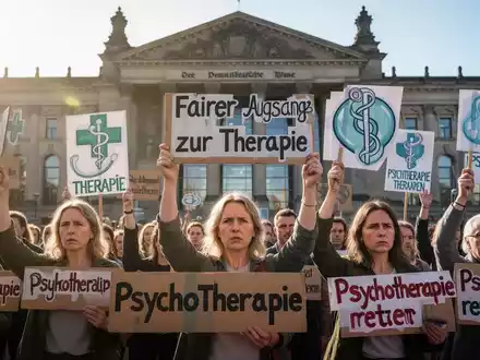 Psychotherapeut*innen demonstrieren vor einem Regierungsgebäude mit Plakaten, die fairen Zugang zu Therapien fordern, umgeben von Sonnenlicht. - Foto: über boerse-global.de