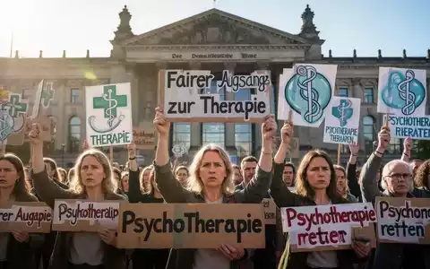 Psychotherapeut*innen demonstrieren vor einem Regierungsgebäude mit Plakaten, die fairen Zugang zu Therapien fordern, umgeben von Sonnenlicht. - Foto: über boerse-global.de