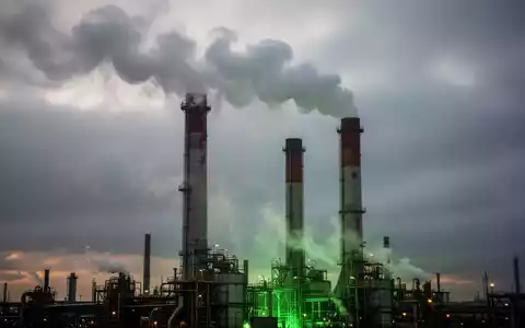 Industrieschornsteine emittieren Dampf und leichten Rauch vor einem dramatischen, bewölkten Himmel mit einem grünen Lichtschein. - Foto: über boerse-global.de