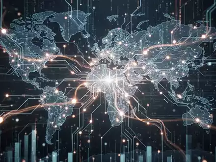 A glowing, abstract neural network design with faint world map outlines and data streams, symbolizing global AI adoption and financial growth. - Foto: über boerse-global.de