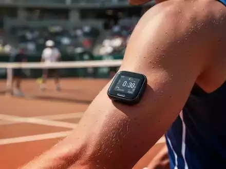 Ein modernes, kontinuierliches Glukosemessgerät am Arm eines Athleten während eines Tennisspiels, unscharfer Hintergrund. - Foto: über boerse-global.de