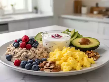 Ein ausgewogener Brunch-Teller mit Haferflocken, Beeren, Joghurt, Rührei und Avocado, appetitlich angerichtet in einer modernen Küche. - Foto: über boerse-global.de