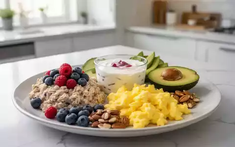 Ein ausgewogener Brunch-Teller mit Haferflocken, Beeren, Joghurt, Rührei und Avocado, appetitlich angerichtet in einer modernen Küche. - Foto: über boerse-global.de