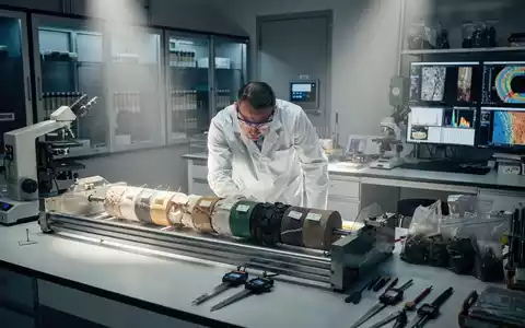 Geologe untersucht Gesteinsbohrkerne in einem modernen Labor, mit Fokus auf die Proben und analytische Geräte. - Foto: über boerse-global.de