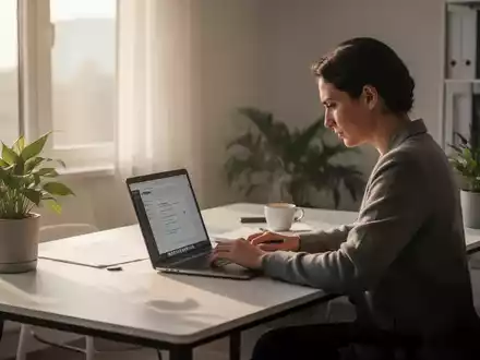 Eine Person arbeitet konzentriert an einem modernen Schreibtisch in einem minimalistischen Homeoffice mit sanftem Morgenlicht. - Foto: über boerse-global.de