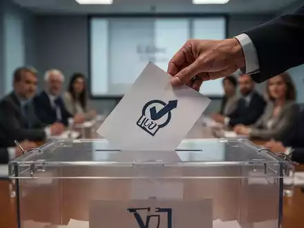 Eine Hand legt ein Dokument in eine transparente Wahlurne, im Hintergrund unscharfe Personen in einem Besprechungsraum. - Foto: über boerse-global.de