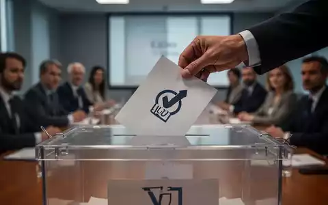 Eine Hand legt ein Dokument in eine transparente Wahlurne, im Hintergrund unscharfe Personen in einem Besprechungsraum. - Foto: über boerse-global.de