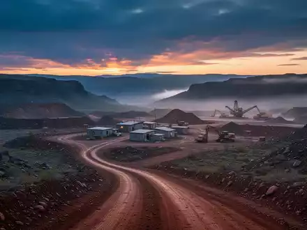 Eine abgelegene Goldminenlandschaft bei Sonnenaufgang mit einem Bergbaucamps und schwerem Gerät in der Ferne. - Foto: über boerse-global.de