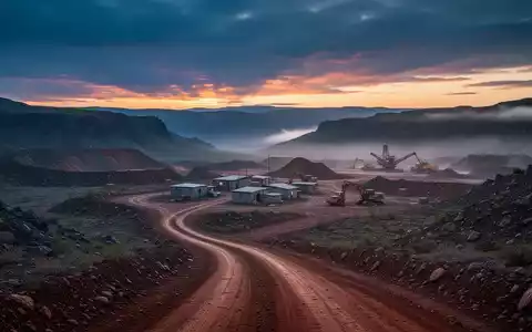 Eine abgelegene Goldminenlandschaft bei Sonnenaufgang mit einem Bergbaucamps und schwerem Gerät in der Ferne. - Foto: über boerse-global.de