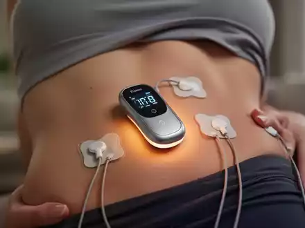 Nahaufnahme eines modernen TENS-Geräts mit Elektroden auf dem Unterbauch einer Frau, das eine sanfte, warme Beleuchtung abgibt. - Foto: über boerse-global.de