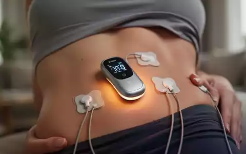 Nahaufnahme eines modernen TENS-Geräts mit Elektroden auf dem Unterbauch einer Frau, das eine sanfte, warme Beleuchtung abgibt. - Foto: über boerse-global.de