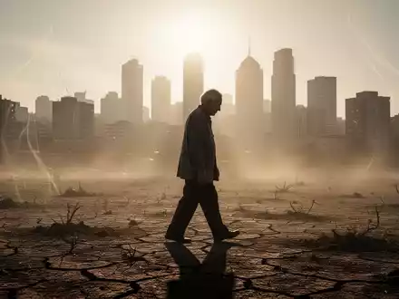 Eine ältere Person geht langsam durch eine sonnenverwöhnte, ausgedörrte Stadtlandschaft mit flimmernder Hitzeverzerrung. - Foto: über boerse-global.de