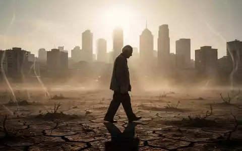 Eine ältere Person geht langsam durch eine sonnenverwöhnte, ausgedörrte Stadtlandschaft mit flimmernder Hitzeverzerrung. - Foto: über boerse-global.de