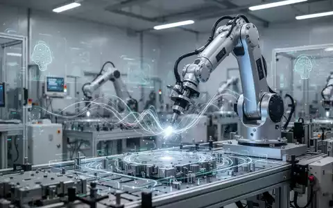Ein Roboterarm in einer modernen Fabrik, der präzise Bauteile handhabt, mit subtilen digitalen Überlagerungen, die KI-Datenflüsse darstellen. - Foto: über boerse-global.de