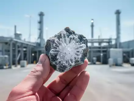 Nahaufnahme einer Hand, die eine Lithium-Gesteinsprobe hält, mit einer modernen Bergbauanlage im Hintergrund. - Foto: über boerse-global.de
