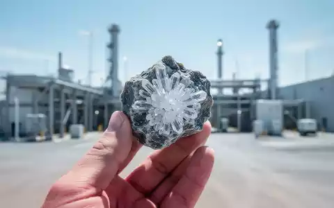 Nahaufnahme einer Hand, die eine Lithium-Gesteinsprobe hält, mit einer modernen Bergbauanlage im Hintergrund. - Foto: über boerse-global.de