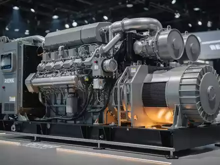 Nahaufnahme eines modernen 800-Kilowatt-Powerpacks mit detaillierten Motorkomponenten und einem RENK-Getriebe auf einer Messe. - Foto: über boerse-global.de