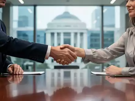 Zwei Personen geben sich die Hand über einem Konferenztisch, symbolisch für Tarifverhandlungen und Einigungen. - Foto: über boerse-global.de