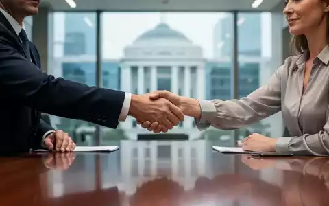 Zwei Personen geben sich die Hand über einem Konferenztisch, symbolisch für Tarifverhandlungen und Einigungen. - Foto: über boerse-global.de