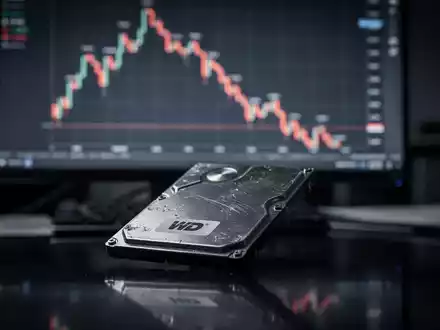 Ein digitaler Aktienchart zeigt einen steilen Rückgang. Eine Festplatte von Western Digital liegt auf einer dunklen Oberfläche. - Foto: über boerse-global.de