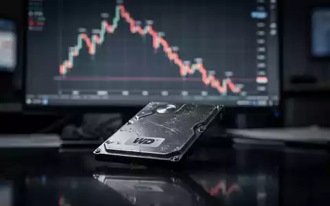 Ein digitaler Aktienchart zeigt einen steilen Rückgang. Eine Festplatte von Western Digital liegt auf einer dunklen Oberfläche. - Foto: über boerse-global.de