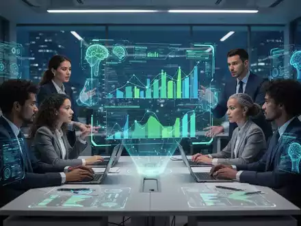 Ein futuristisches HR-Büro mit Fachleuten, die an einer holografischen Anzeige mit Datendarstellungen zusammenarbeiten, integrierte KI-Schnittstellen. - Foto: über boerse-global.de