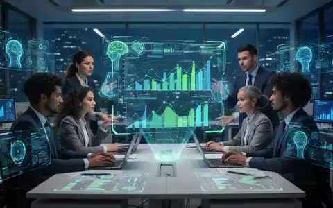 Ein futuristisches HR-Büro mit Fachleuten, die an einer holografischen Anzeige mit Datendarstellungen zusammenarbeiten, integrierte KI-Schnittstellen. - Foto: über boerse-global.de