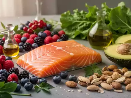 Eine Nahaufnahme einer Auswahl an gesunden Lebensmitteln, darunter Lachs, Beeren, grünes Blattgemüse und Nüsse, appetitlich angerichtet. - Foto: über boerse-global.de
