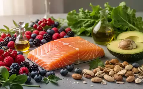 Eine Nahaufnahme einer Auswahl an gesunden Lebensmitteln, darunter Lachs, Beeren, grünes Blattgemüse und Nüsse, appetitlich angerichtet. - Foto: über boerse-global.de