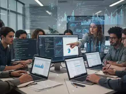 People in a modern classroom or office setting, focused on laptops displaying data, code, and spreadsheets, symbolizing data analytics training. - Foto: über boerse-global.de