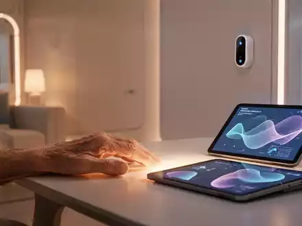 Eine ältere Hand ruht auf einem Tisch, daneben ein Tablet mit abstrakten Datenvisualisierungen und ein dezentes Sensorgerät an der Wand. - Foto: über boerse-global.de