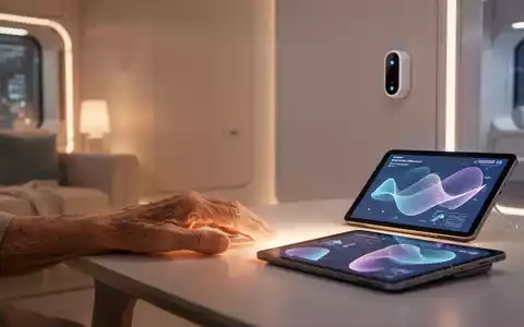 Eine ältere Hand ruht auf einem Tisch, daneben ein Tablet mit abstrakten Datenvisualisierungen und ein dezentes Sensorgerät an der Wand. - Foto: über boerse-global.de