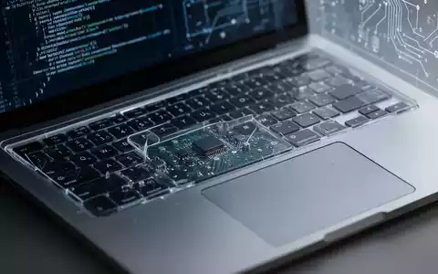 Close-up of a laptop keyboard and trackpad, with subtle reflections of code on the screen and visible internal electronic components. - Foto: über boerse-global.de