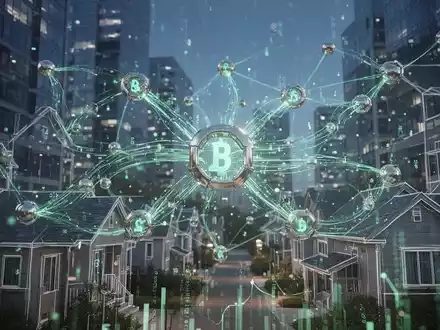 An abstract image showing a digital blockchain network overlaid with outlines of residential buildings, representing the integration of real estate lending with blockchain technology. - Foto: über boerse-global.de