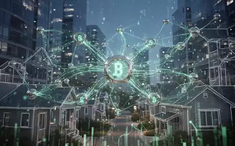 An abstract image showing a digital blockchain network overlaid with outlines of residential buildings, representing the integration of real estate lending with blockchain technology. - Foto: über boerse-global.de