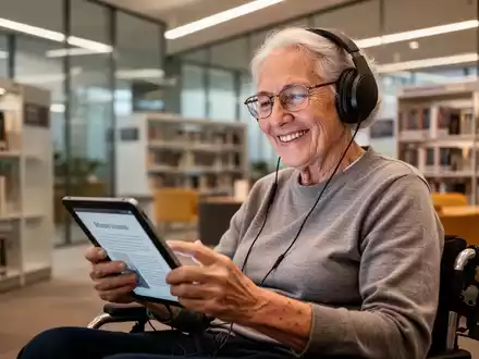 Eine lächelnde ältere Person mit Brille und Kopfhörern hört ein Hörbuch auf einem Tablet in einer modernen Bibliothek. - Foto: über boerse-global.de