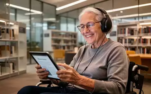Eine lächelnde ältere Person mit Brille und Kopfhörern hört ein Hörbuch auf einem Tablet in einer modernen Bibliothek. - Foto: über boerse-global.de