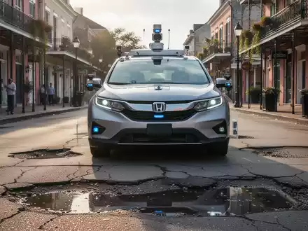 Autonomous vehicle with roof-mounted sensors driving on a New Orleans street with visible potholes. - Foto: über boerse-global.de