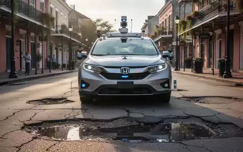 Autonomous vehicle with roof-mounted sensors driving on a New Orleans street with visible potholes. - Foto: über boerse-global.de