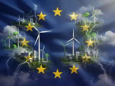 Abstrakte Darstellung der EU-Flagge mit integrierten Symbolen für Klimaschutz und Emissionshandelssystem (ETS). - Foto: über boerse-global.de