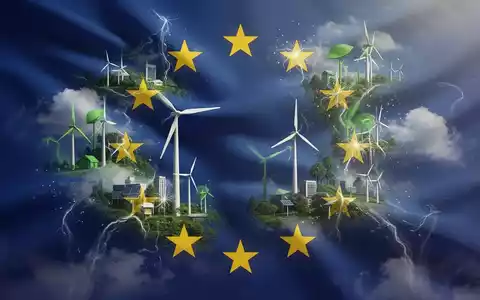 Abstrakte Darstellung der EU-Flagge mit integrierten Symbolen für Klimaschutz und Emissionshandelssystem (ETS). - Foto: über boerse-global.de
