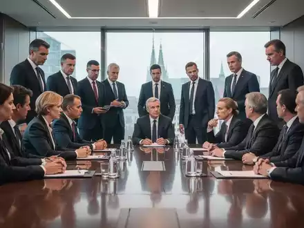 Spitzenvertreter von Regierung, Wirtschaft und Gewerkschaften bei intensiven Koalitionsgesprächen an einem Konferenztisch. - Foto: über boerse-global.de