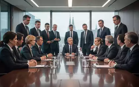 Spitzenvertreter von Regierung, Wirtschaft und Gewerkschaften bei intensiven Koalitionsgesprächen an einem Konferenztisch. - Foto: über boerse-global.de