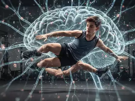 Ein junger Sportler führt eine ungewöhnliche Koordinationsübung aus, im Hintergrund angedeutete neuronale Verbindungen und Gehirnaktivität. - Foto: über boerse-global.de